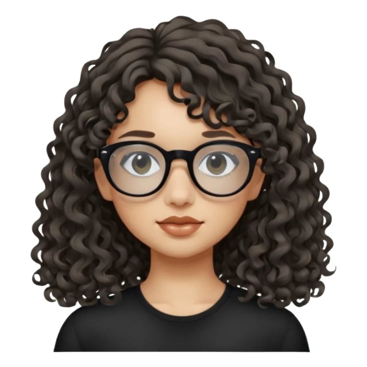 create a frontend girl that has a round face long curly hair with a side curtain bangs and wears black square rayban glasses doesnt smile with her teeth and white sticker