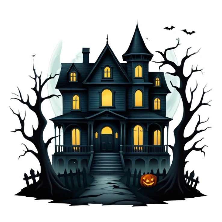 Icon for Horror Movies: A dark, eerie collage featuring iconic horror elements like a haunted house, a full moon, sinister shadows, and creepy creatures emerging from the darkness. The atmosphere should be chilling, with a feeling of suspense and fear. Transparent background. sticker