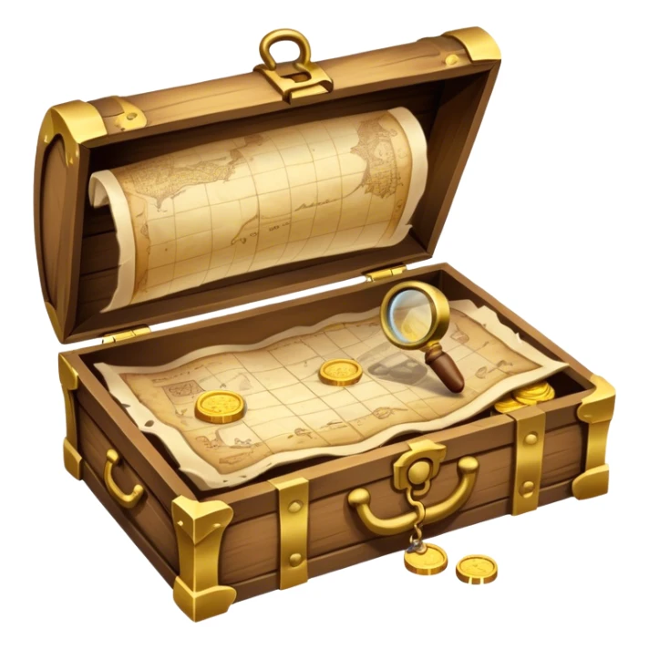 An icon depicting a treasure map with an open chest, surrounded by clues and mysterious symbols. A magnifying glass hovers over the map, symbolizing the thrill of discovery and adventure. Set on a transparent background, it should evoke the excitement of solving puzzles and exploring new worlds. sticker