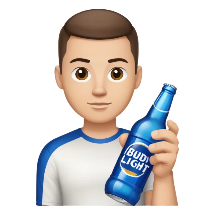 white guy, brunette crew cut hair, holding bud light  sticker
