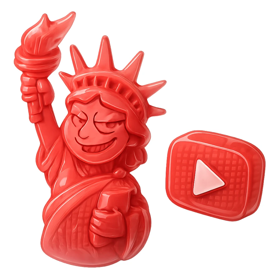 red Statue of Liberty with a playful sarcastic grin, red YouTube play button, glossy circuit style sticker