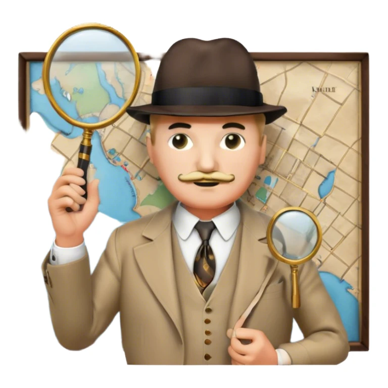 A cinematic-style frame showing Hercule Poirot in his iconic suit with a magnifying glass in a dramatic detective pose. Background should be mysterious city, map, a board with photos of suspects, clues like fingerprints. Transparent background. sticker