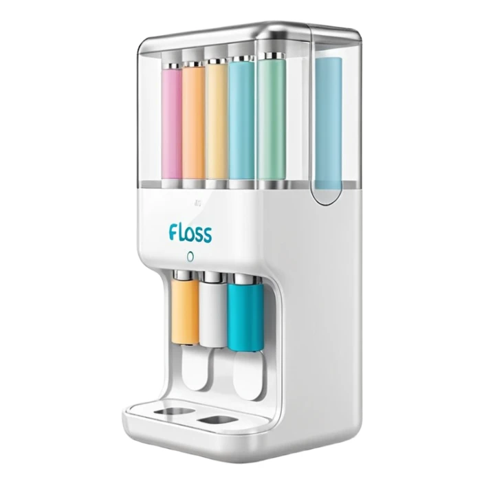 compact upright floss dispenser with sleek modern shape, semi-transparent colored window revealing spool inside, fine strand of floss extending outward, smooth ergonomic white casing with bright accent color, no branding, no teeth, no extras, soft lighting, subtle shadows, emoji scale sticker