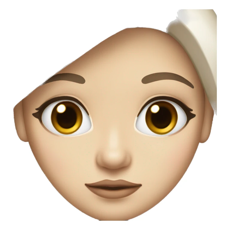 A white brunette girl with brown eyes, plump lips and a white bow sticker