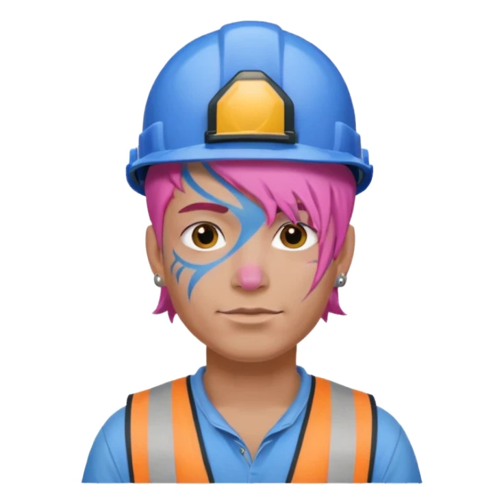 construction worker man pink hair, blue helmet and face tattoo sticker