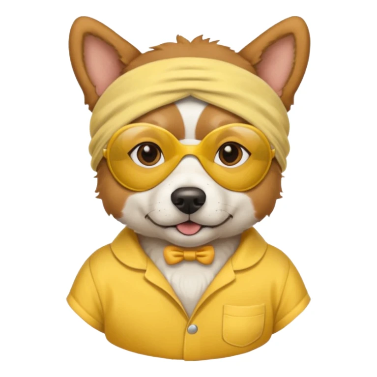 a dog with yellow sleep mask and wearing shirt sticker
