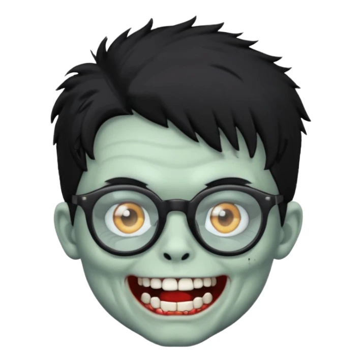 Zombie boy with fluffy hair wearing glasses while showing his white teeth sticker