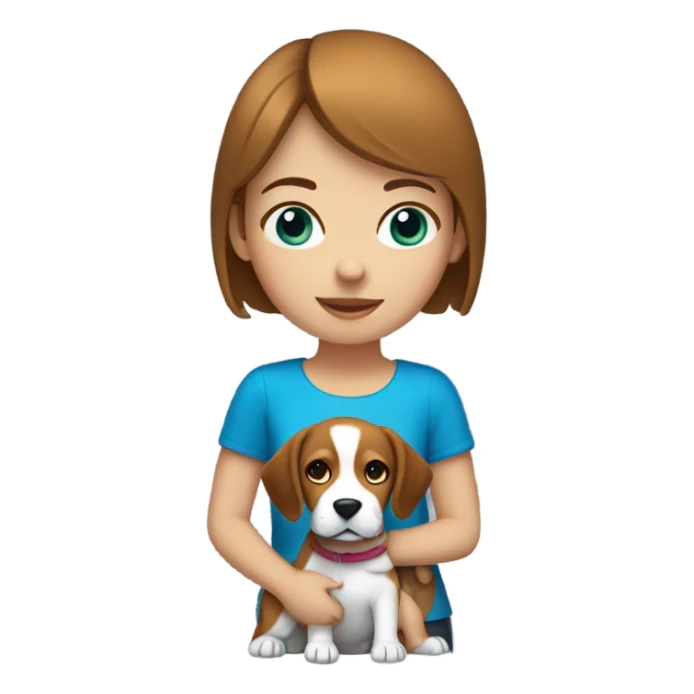 girl with brown short hair and blue eyes holding a beagle sticker