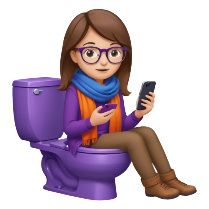 Fille châtain peau blanche avec lunettes. Elle porte une grosse écharpe violette, bleu et orange. Elle assise dans une cuvette de toilette. Téléphone en main. Realiste sticker