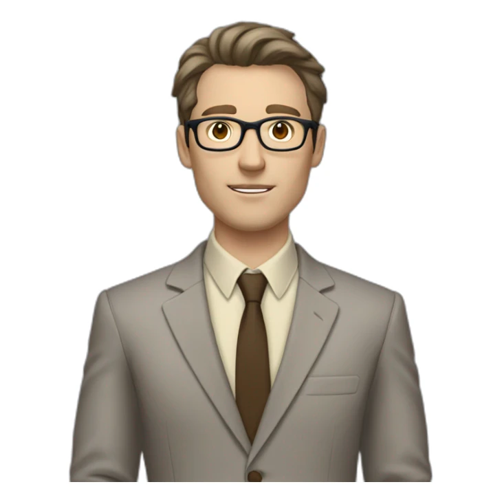 Full height Gesticulating Pale skinned fit man with dark brown hair in gray jacket, beige office shirt, brown tie, brown pants and vintage glasses. sticker