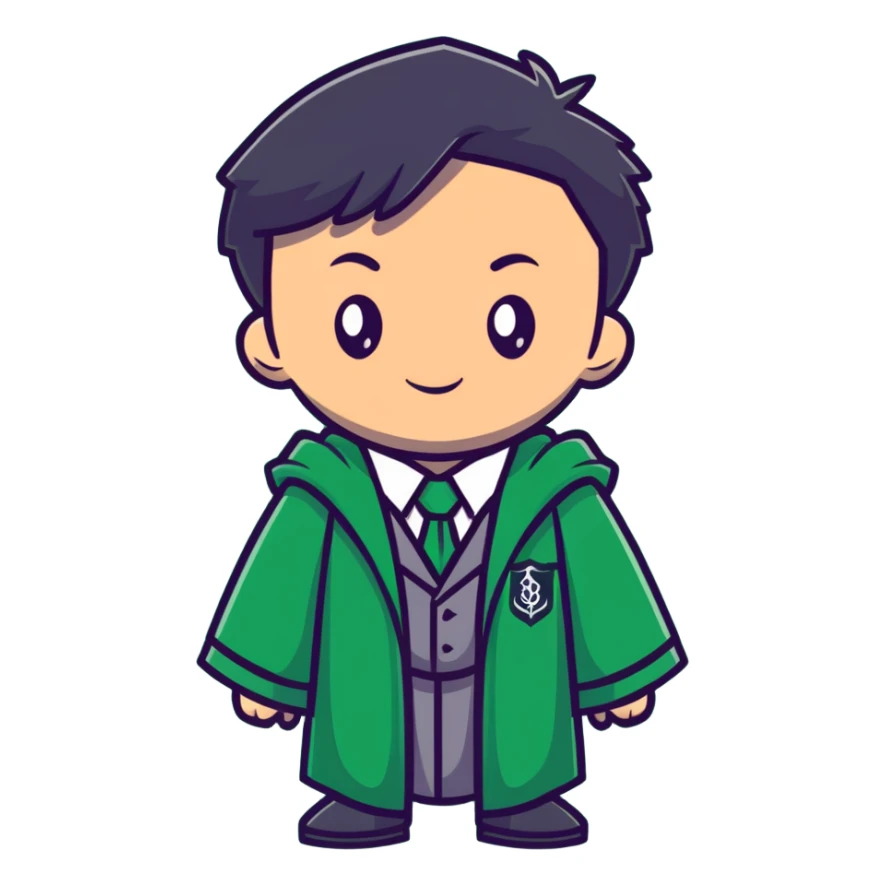 Young wizard in Slytherin uniform with green tie and robe sticker