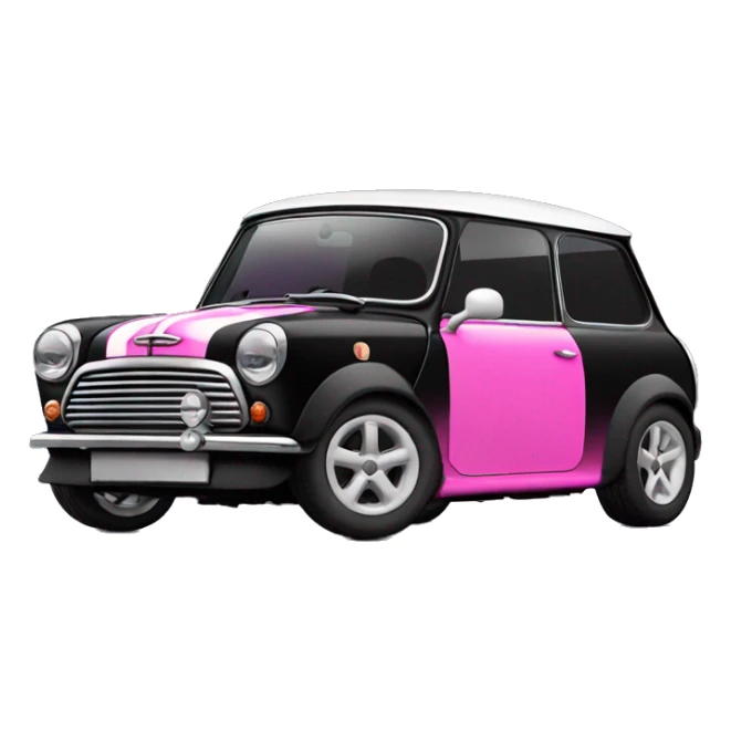Black mini cooper, white roof, black doors, with hot pink hood stripes sticker