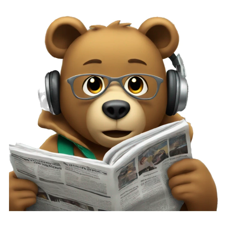 Bear wearing headphones, sitting on a subway train, reading a newspaper. sticker
