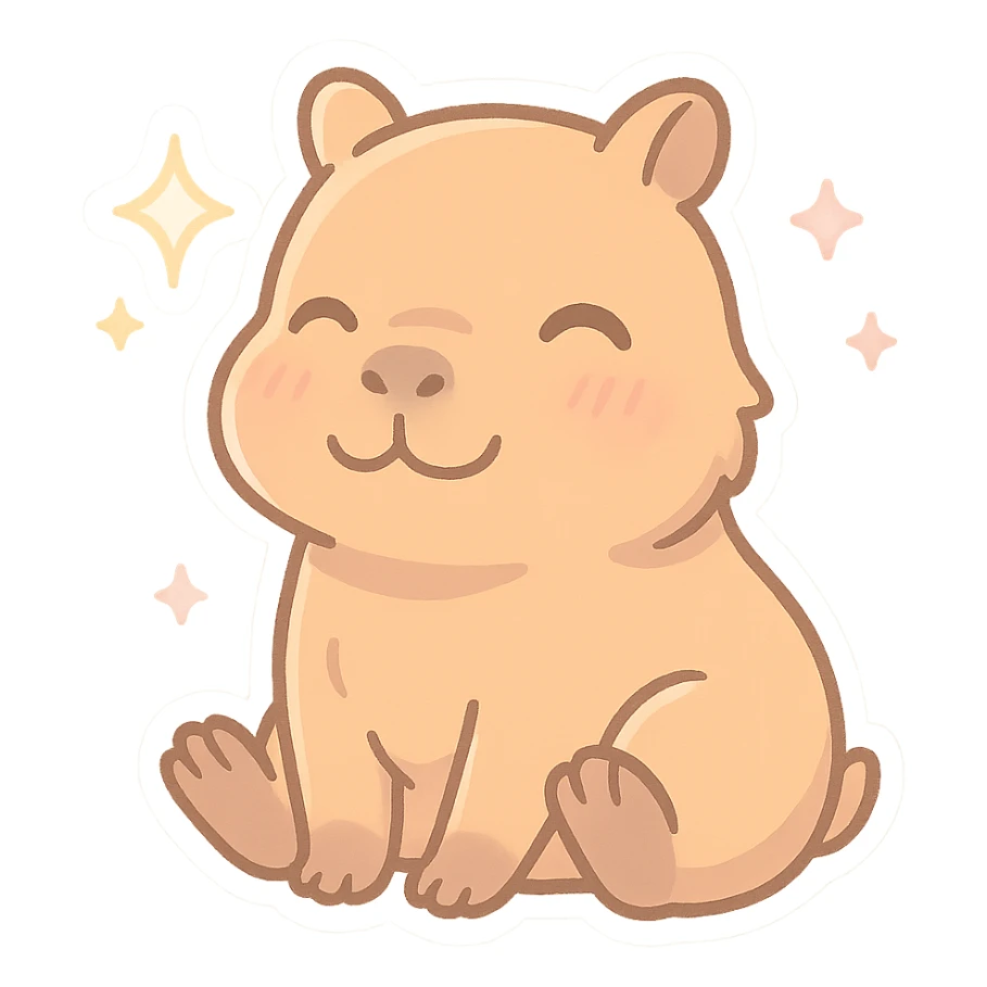 happy capybara in chibi anime style, sitting and smiling, pastel colors, sparkles sticker