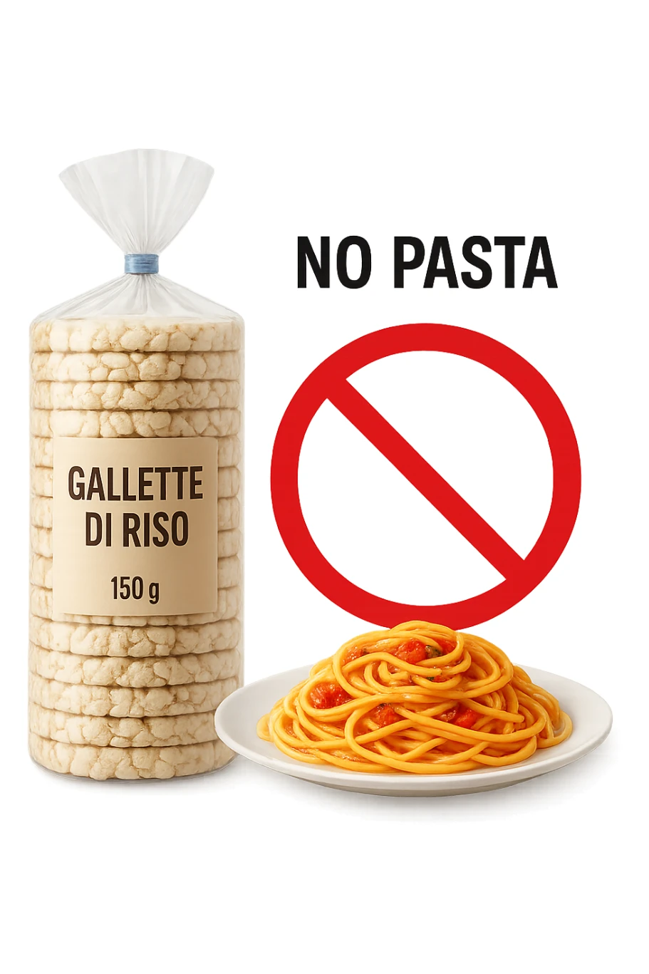 confezione di gallette di riso con accanto un piatto di pasta con divieto sopra, in italiano,  realistici sticker