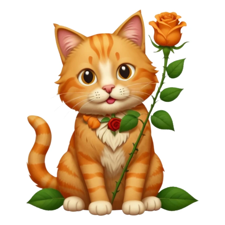 A fluffy, orange tabby cat fuul body, having a rose in it's mouth, and looked like he came from outside. sticker