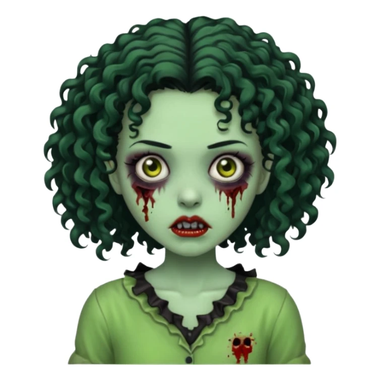 uma garota zumbi assustadora da pele verde e com cabelo 3b cacheado repartido ao meio preto curto ate o ombro sticker