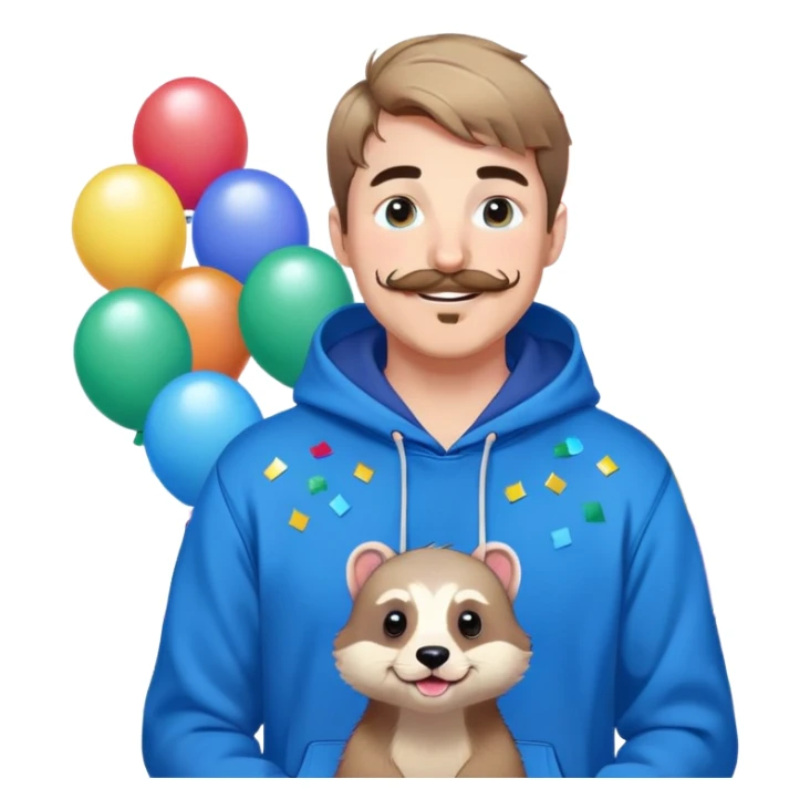 Mr. Beast wearing a blue hoodie, ferret mustache, small light beard, big friendly smile, standing in front of a colorful, fun background with confetti and balloons sticker