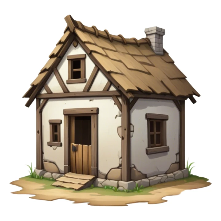 a dilapidated one-story medieval shack. The building has no windows. sticker