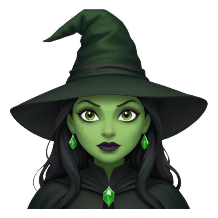 elphaba wicked witch with broom close up, evil dark coily long dark hair, green skin, thick green lips, cheekbones, smirk evil menacing cythia erivo dark aesthetic black hat cloak o sticker