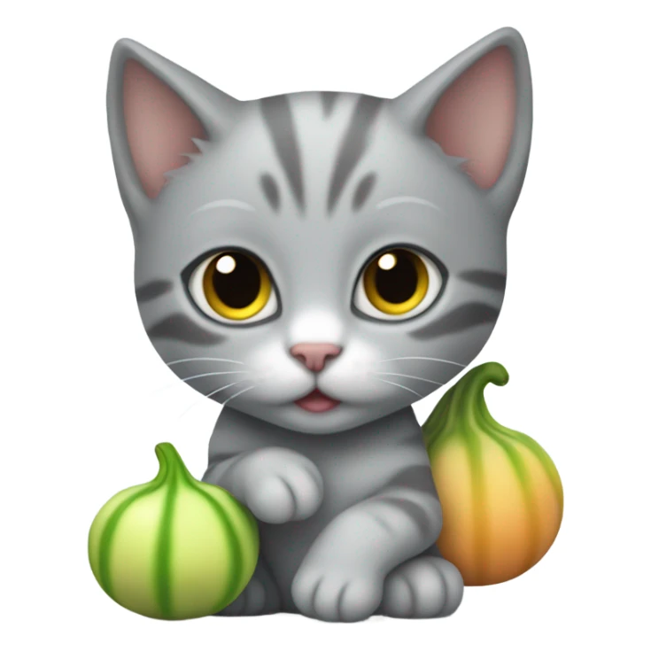 The gray kitten is holding a sugar gourd sticker