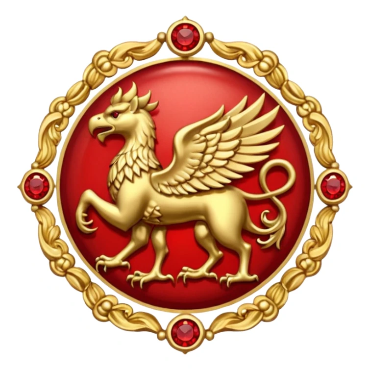 Golden griffin crest / brosch in a circle with red gems and no background sticker