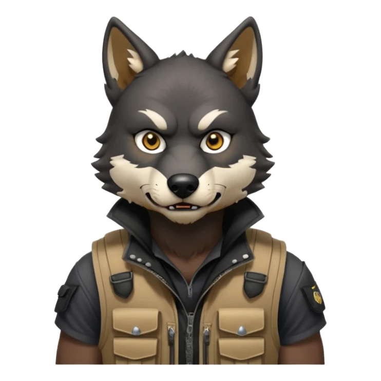 A black anthropomorphic wolf with white marks, he is wearing a muzzle, and his ears are standing up with a variety of piercings. He has a black tactical vest on, and he is in a grumpy mood, his arms just hanging by his side sticker