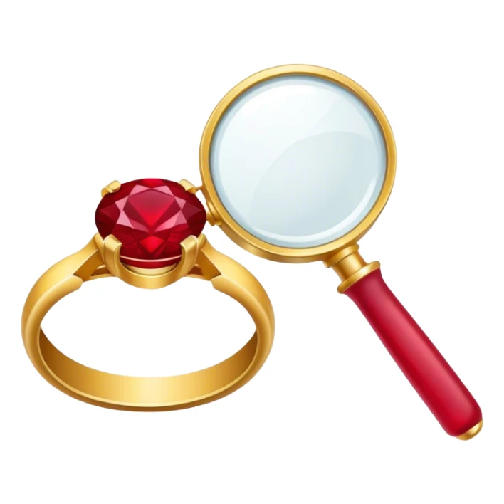 Jewelry art icon, a ring with a ruby, magnifying glass, and pliers, minimalistic style, clean lines, transparent background. sticker