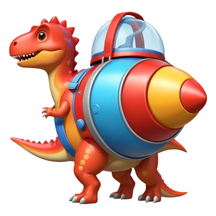 cute toy-like rocket-propelled dinosaur, rounded shapes, glossy texture, colorful rocket backpack, happy expression, 3D cartoon, mobile game icon style, clean background, no text, no watermark
 sticker