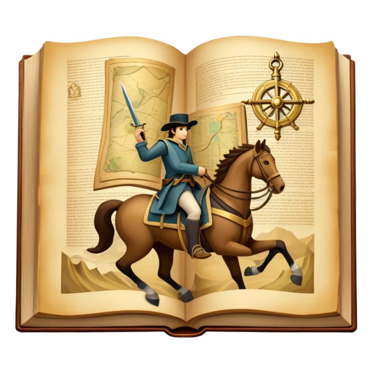 Icon for Reading Fiction: a large open book with pages turning into musketeers on horseback, Sherlock Holmes and Island of treasure map. The icon should evoke the adventure and romance of exploring fictional worlds. Transparent background. sticker