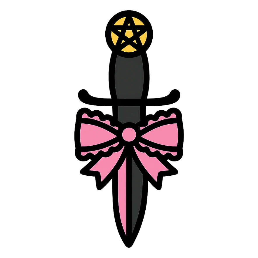 gothic knife, black and pink, with pentagram and lace bow, color outline icon style sticker