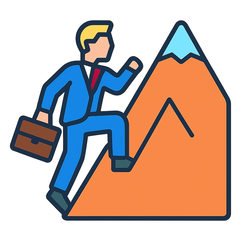 man climbing a mountain in a suit, color outline icon style sticker