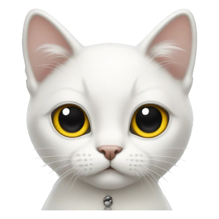 white cat whith white bow black eyes, and a yellow nose sticker