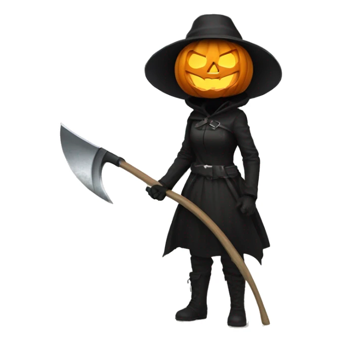Human female pumpkin hunter with a scythe, glowing pumpkin eyes inside a black helmet, Halloween theme, emoji sticker
