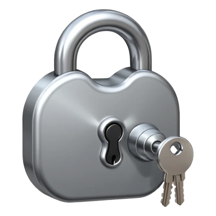 Chrome silver lock emoji, iOS emoji style, smooth metallic surface, rounded edges, reflective highlights, minimalistic sticker