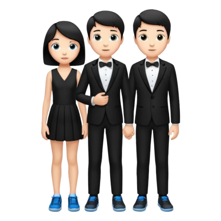 generate a pretty bratz fair skinned boy with short black hair wearing a black tux with blue sneakers with a girl sticker