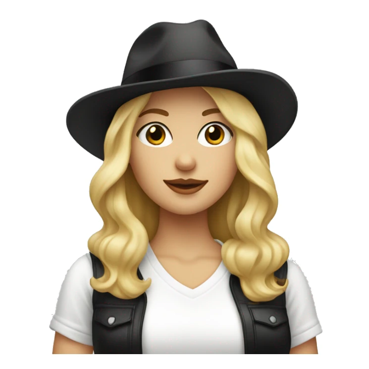 blonde white woman wearing an oversized glittery white tshirt + black fedora sticker