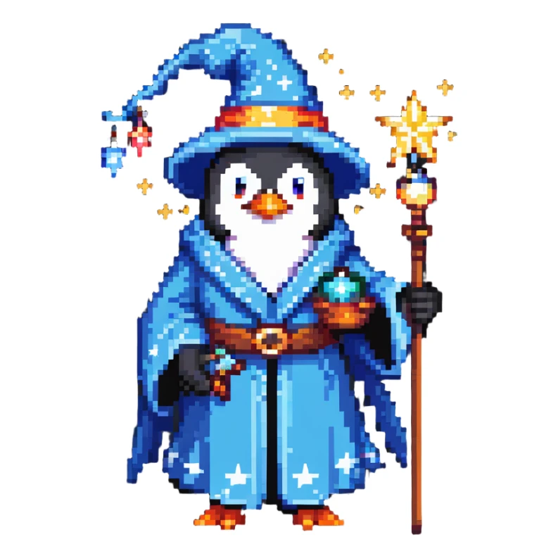 Penguin wizard with robe and magical stars sticker