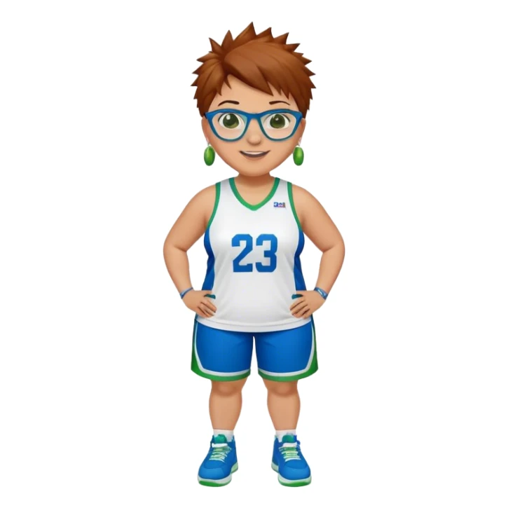 Full Body plus size white female basketball player with short medium brown hair with carmel highlights spikey hair wearing blue glasses 
 wide nose wearing blue green uniform  green sneakers smiling wearing earrings sticker