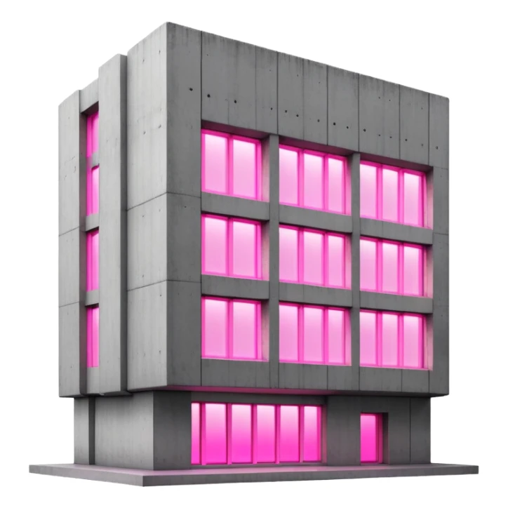 Brutalist concrete building with pink glowing window, minimalist style sticker