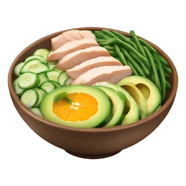 Poke bowl with chicken, avocado, orange, cucumbers and green beans; side view sticker