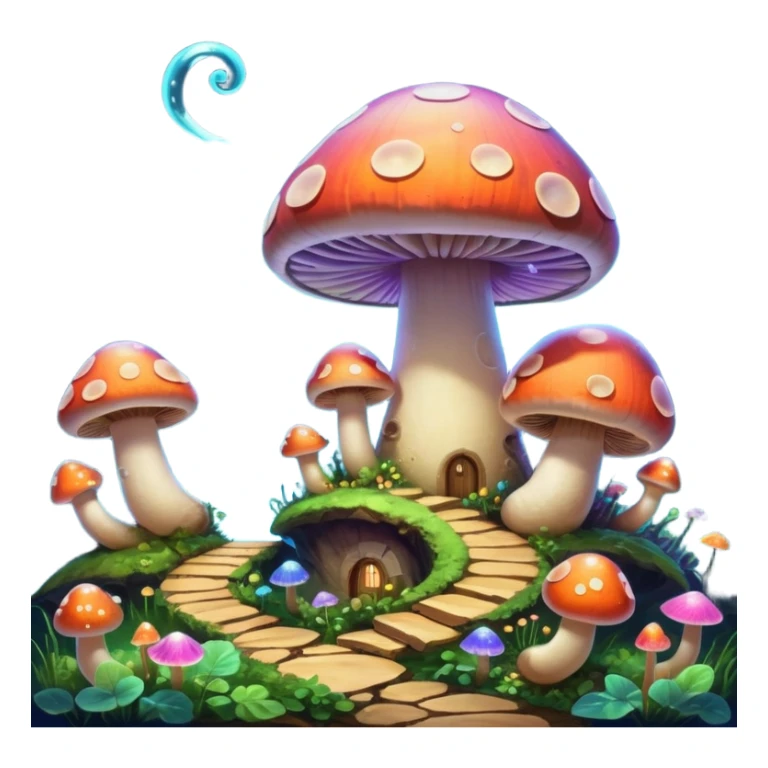  "A whimsical mushroom world filled with giant glowing mushrooms, soft bioluminescent spores floating through the air, and friendly oversized snails with colorful spiral shells exploring the landscape. Fantasy atmosphere, vibrant colors, dreamy lighting, highly detailed sticker