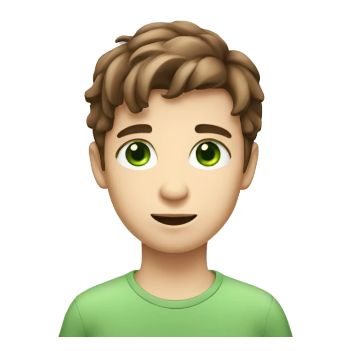 A white european boy with brown hair and green eyes explaining something sticker