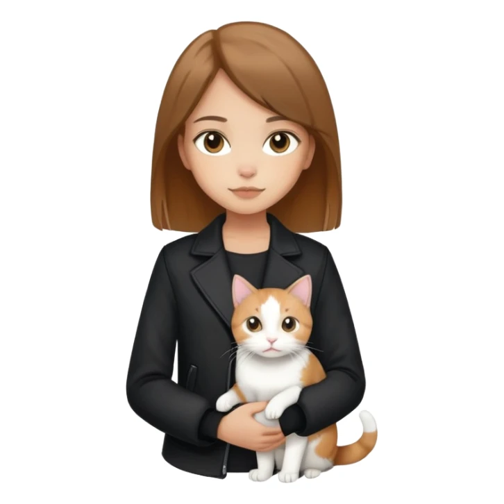 Light-skinned girl with brown straight hair wearing a black jacket, holding one completely white cat and one calico cat sticker