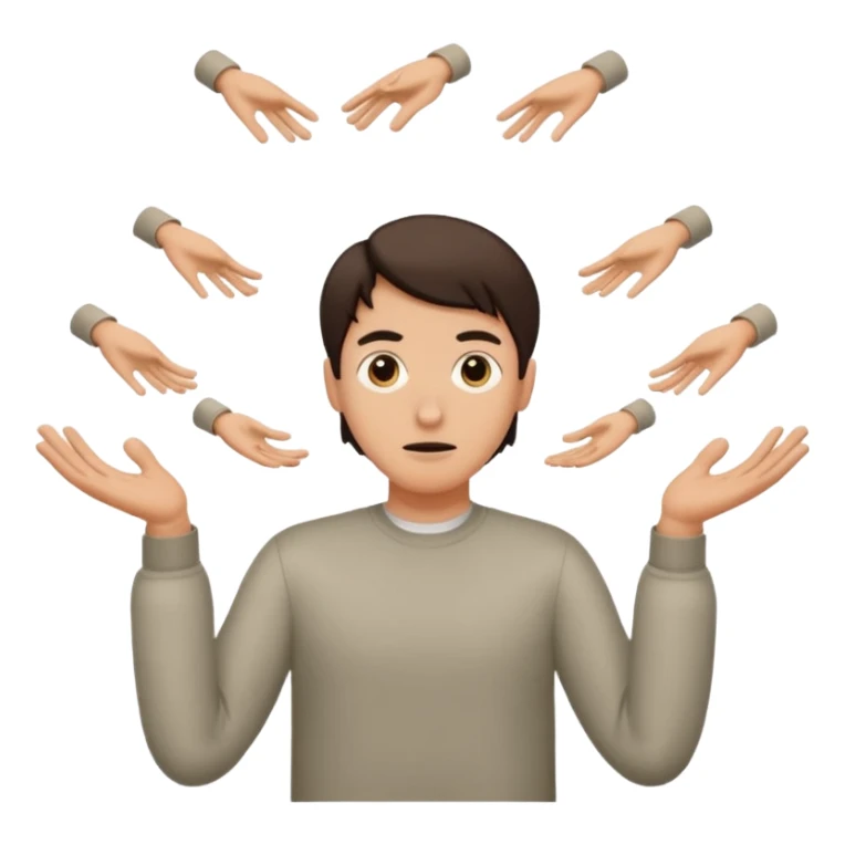 Person shrugging with six hovering above one hand and seven hovering over the other sticker