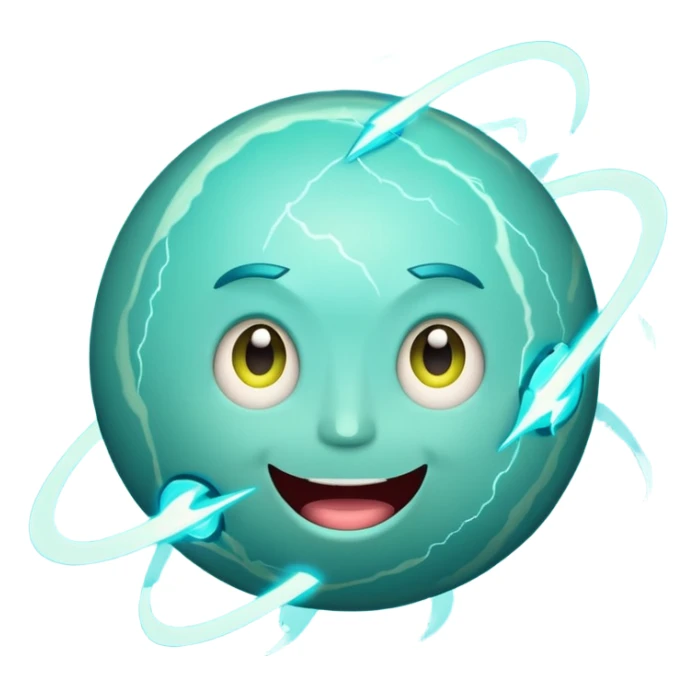 Uranus planet emoji in Apple style, blue-green color with visible rings, very large playful fun excited face, bursting with electric chaotic unexpected energy, bold lightning bolts, highly expressive features sticker