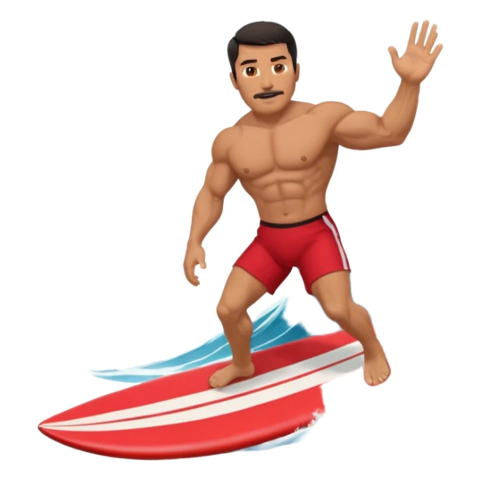 50 year old, muscular, dark haired, tan, red shorts man riding a big wave sticker