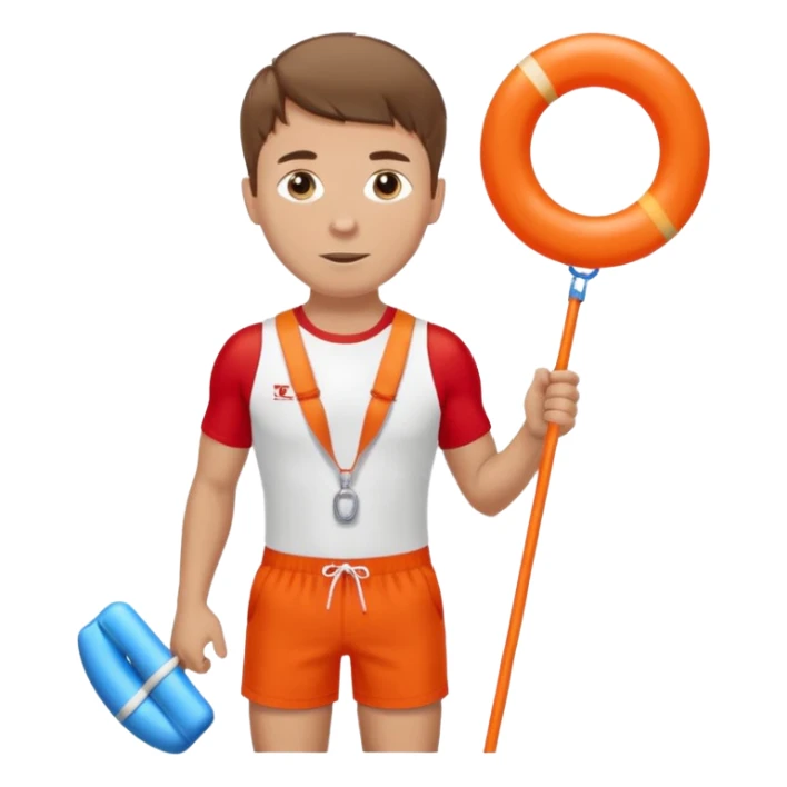 Male lifeguard – red shorts, whistle around neck, holding rescue float. sticker
