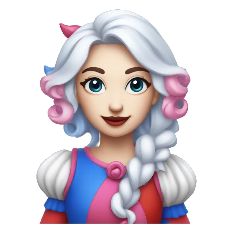 A jester with a round white head,pink blush – red and blue pinwheel eyes and a red and blue jester outfit. her pupils are red and blue pupils. sticker