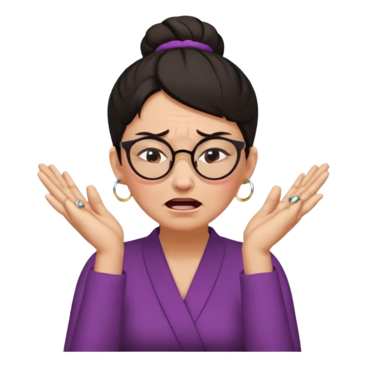  middle aged woman with dark hair pulled up in a high bun, wearing round ring earrings and glasses, expression extreme pain on her face, covering her ears with her hands very painful expression on her face, eyes squeezed shut, wincing in pain covering her ears with her hands sticker